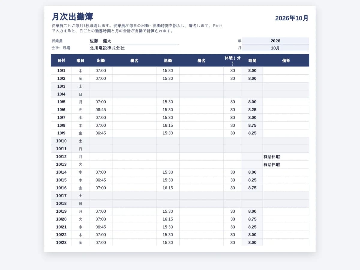 出勤・退勤時刻と署名欄がある月次出勤簿